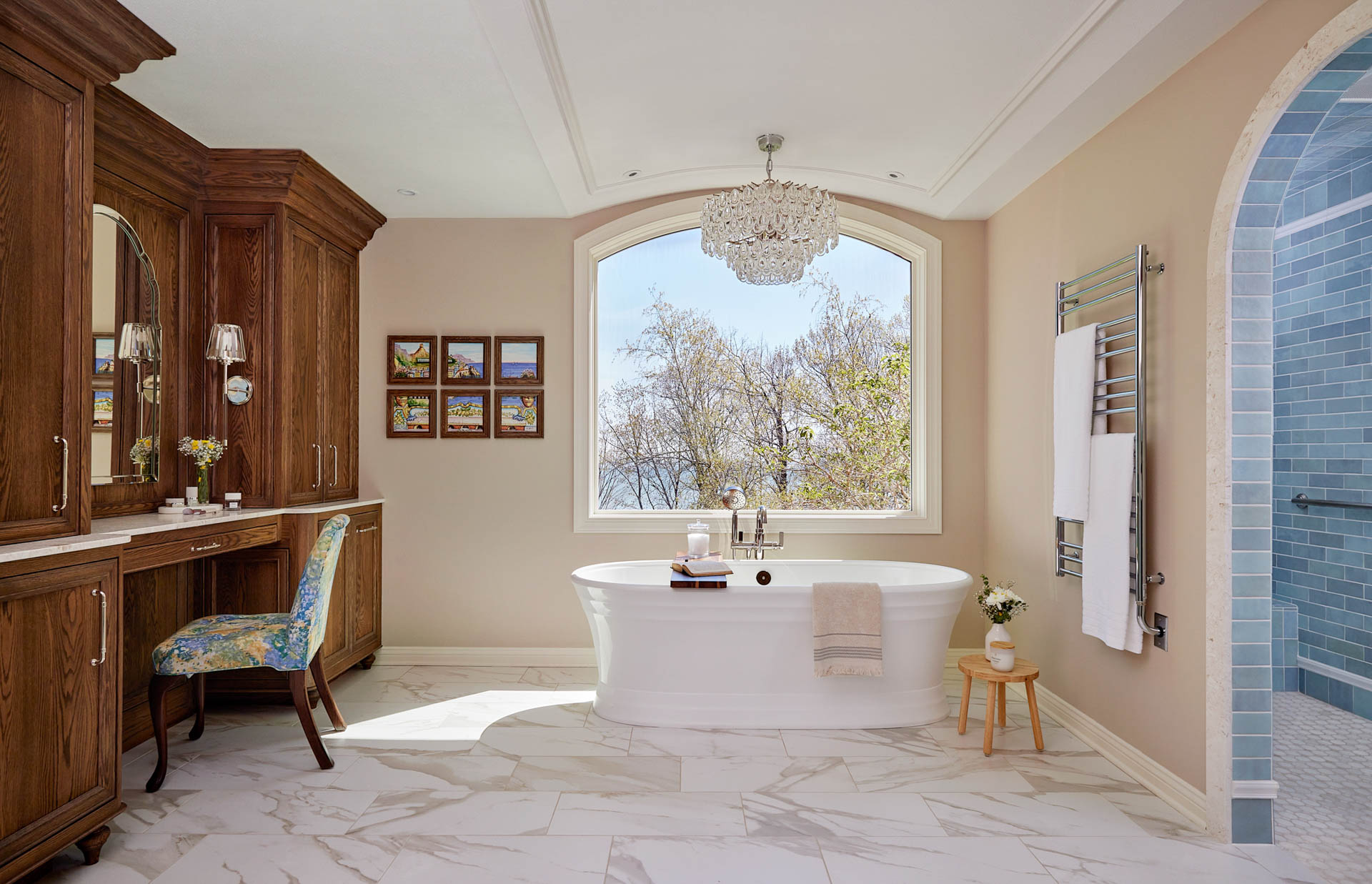 Crystal Chandelier Arched Window Bathroom Bathroom Design Renovation Stillwater House Mequon Wi Refined & Co.